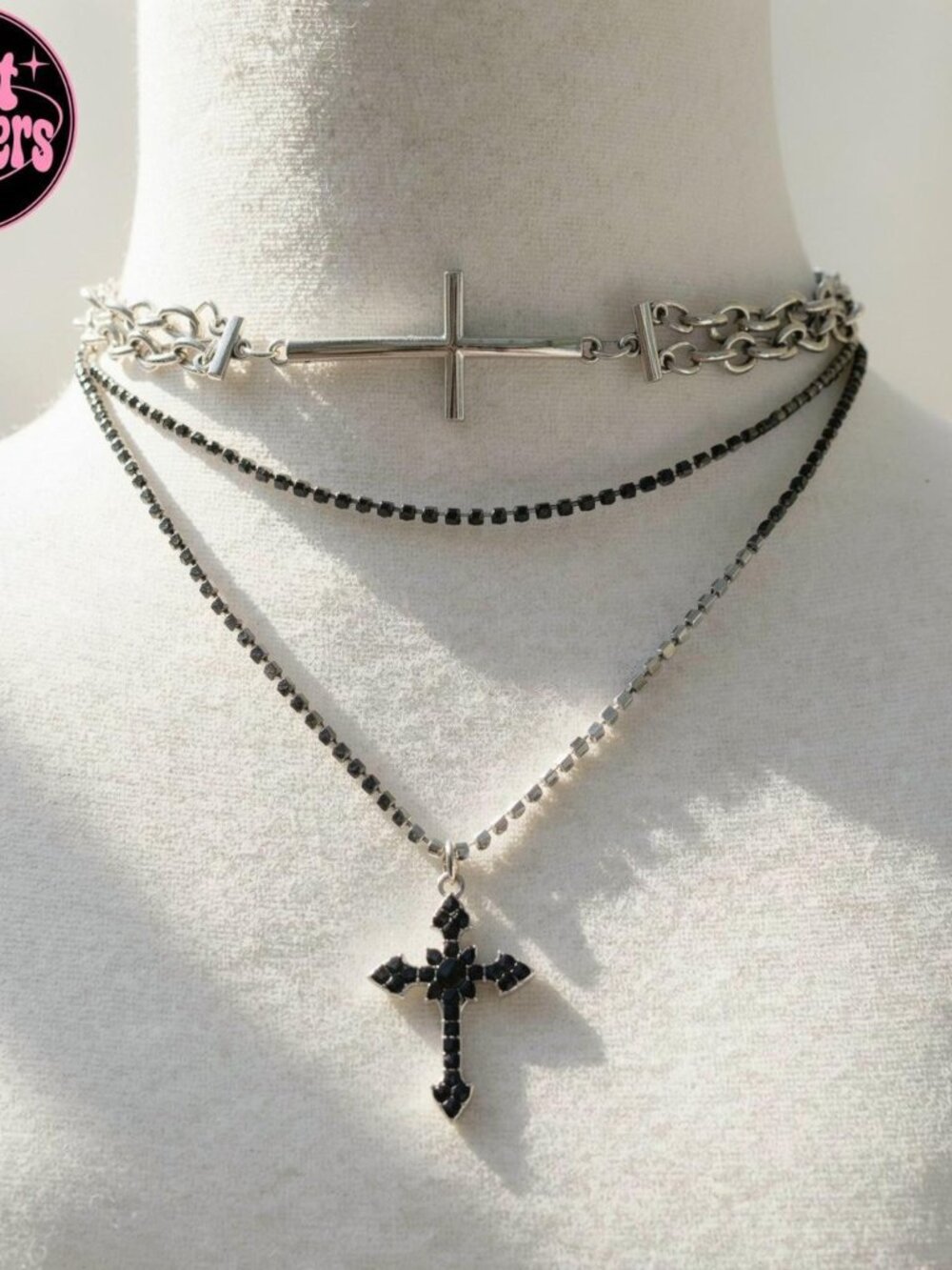 Y2K 2000s style 2 PCS set Silver and black cross choker necklace